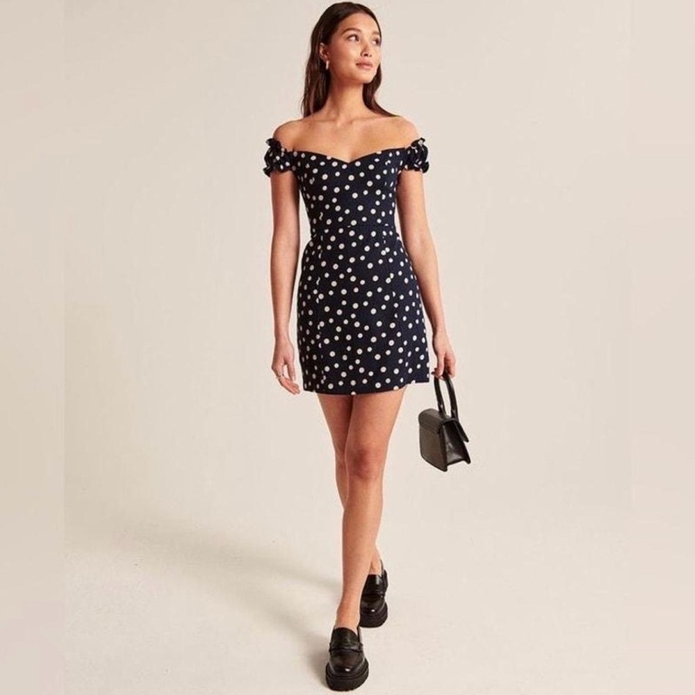 Abercrombie & Fitch Navy Polka Dot Mini Dress Off the Shoulder Ruffle Sleeves